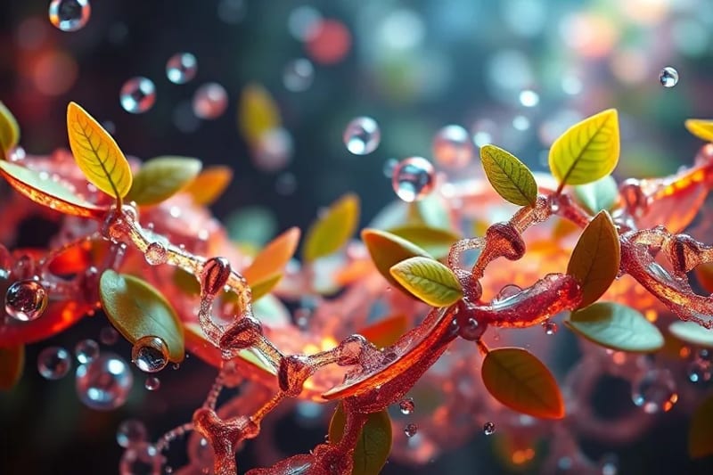 Pintura digital abstracta de moléculas de alimentos entrelazadas con elementos de sostenibilidad y tecnología.