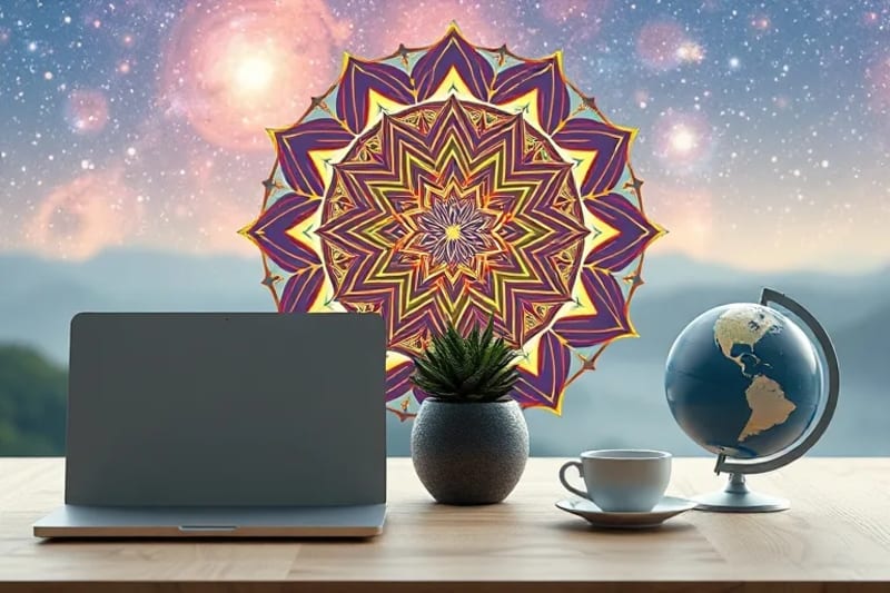 Bodegón conceptual de objetos que representan la vida de un nómada digital y los principios del Feng Shui: laptop, cristal, planta, taza de té y globo terráqueo.