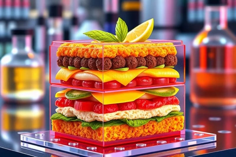 Render 3D de un alimento multicapa con estructura molecular visible y un fondo de laboratorio científico.