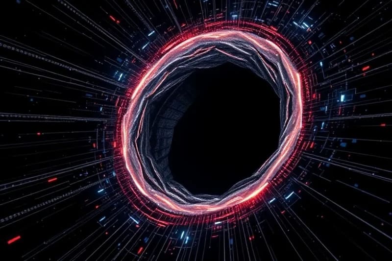 Render 3D de la distorsión del espacio-tiempo alrededor de un agujero negro con elementos computacionales.