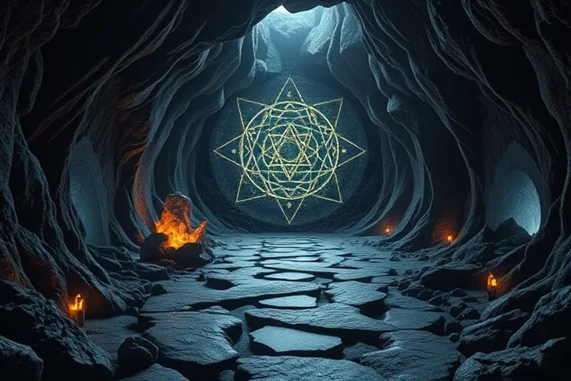 Conceptual 3D render of a psychological landscape with hidden paths