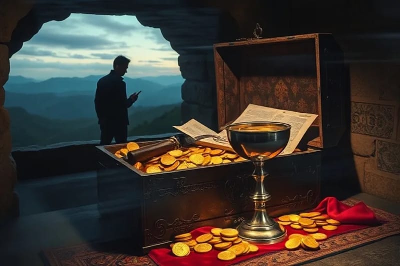 An ancient, intricately carved iron chest, slightly ajar, revealing a glimmer of gold coins and antique documents within a dimly lit, stone vault.