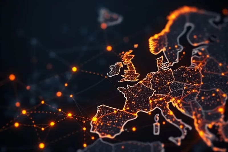 An abstract, glowing network of lines and geometric shapes representing medieval trade routes and financial connections, against a dark, ethereal background.