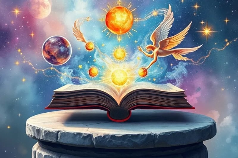 Representación acuarela de esferas celestiales interconectadas, con sutiles figuras angélicas que simbolizan el orden y la inteligencia divina en el cosmos.