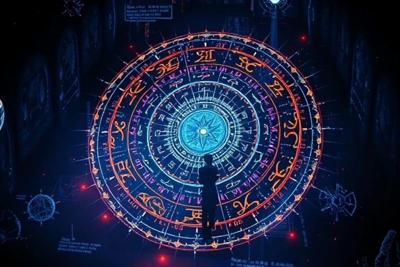 Conceptual 3D render of a crystalline blueprint with holographic projections of ancient script and planetary symbols