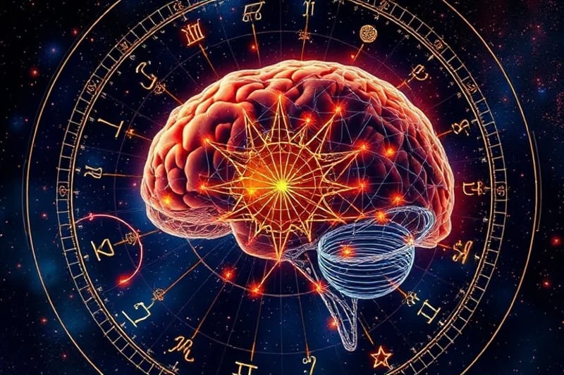 Representación artística de un cerebro humano con conexiones neuronales luminosas y símbolos universales