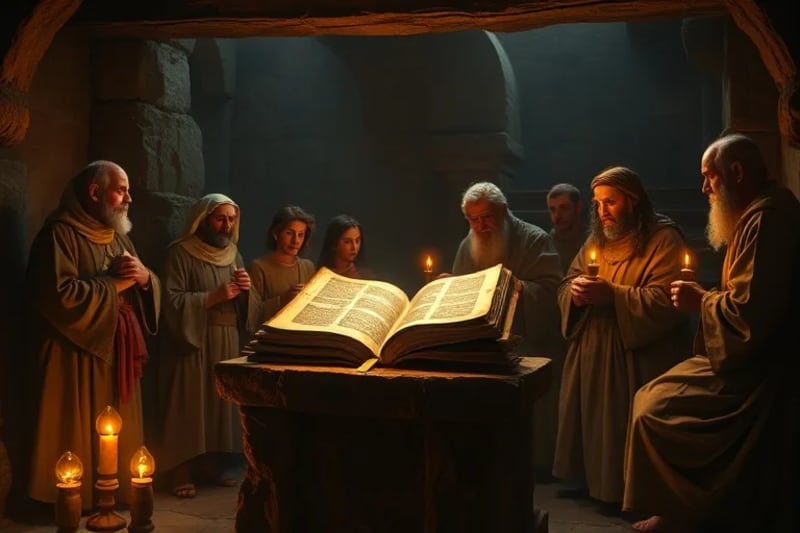 Eruditos cristianos interpretando antiguos pergaminos