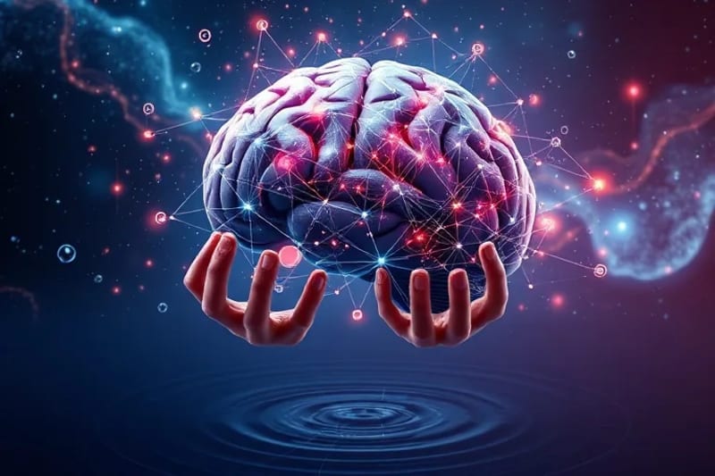 Human brain transforming into a cosmic network of stars and data lines, with hands manipulating connections, representing global consciousness.