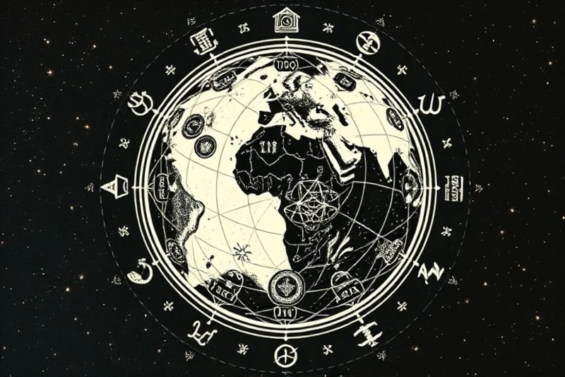 Stylized globe with AI algorithms and astrological glyphs, connected by intertwining lines, illustrating global trends and shifts.
