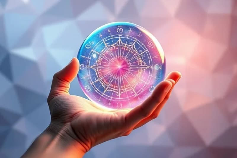 Mano sosteniendo una esfera de cristal con números y símbolos girando, representando recuerdos de vidas pasadas y patrones kármicos