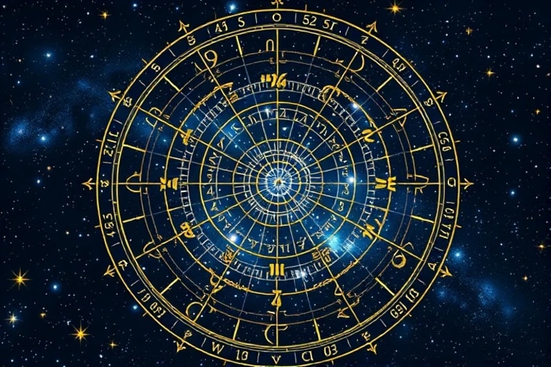 Tapiz cósmico con hilos de luz que forman secuencias numéricas y patrones interconectados, sobre un fondo de galaxias, simbolizando el karma universal
