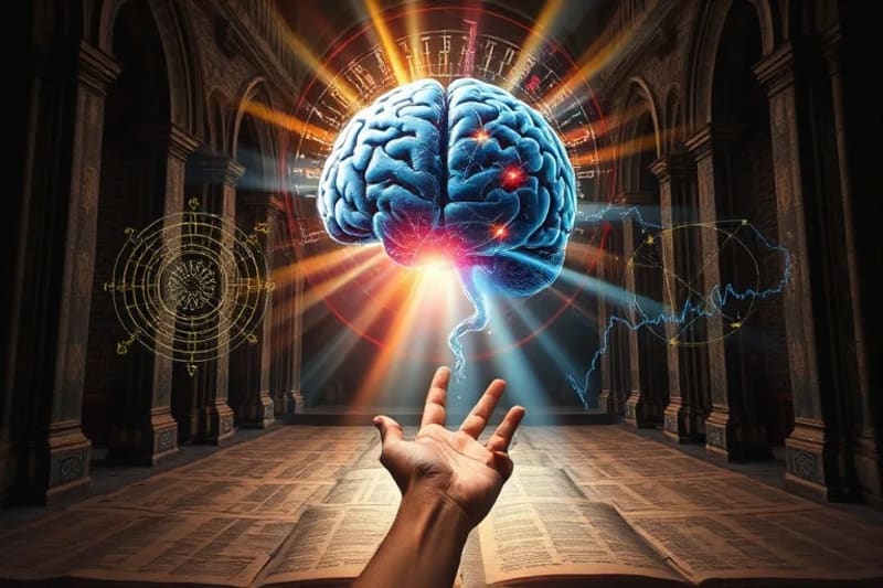 Pintura digital abstracta de un cerebro humano con circuitos y datos, superpuesto sobre pergaminos antiguos, con una mano tocando la confluencia de conocimiento