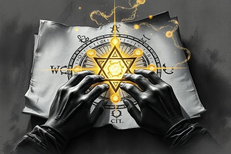 Hands sketching intricate, glowing sigils on parchment amidst cosmic background