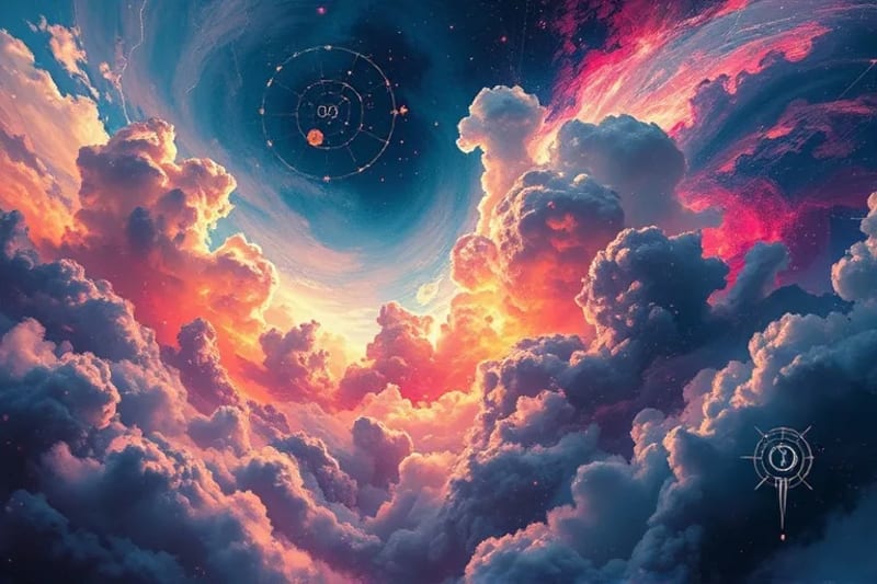 Representación abstracta de órbitas planetarias influyendo en patrones atmosféricos.