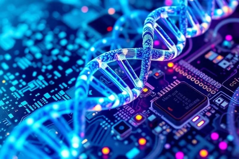 Ilustración abstracta en acuarela de la fusión de datos biológicos y digitales, con hebras de ADN y flujos de datos pixelados entrelazados, simbolizando la complejidad de la bioinformática.