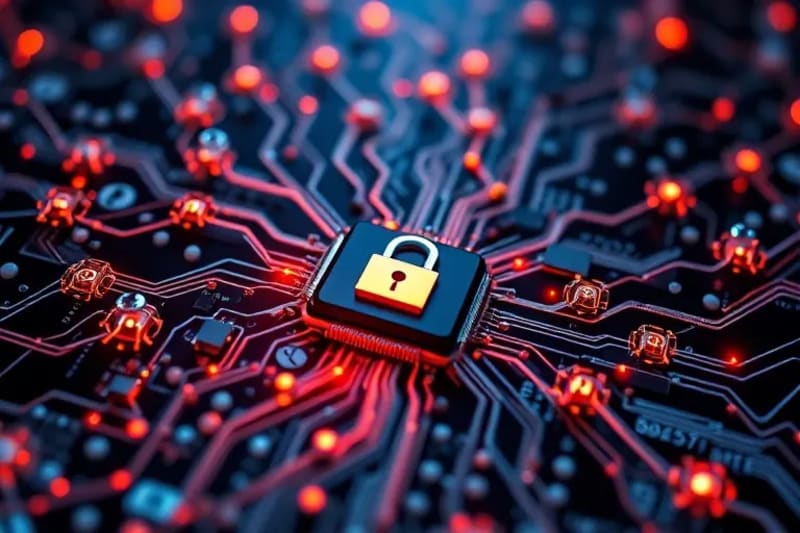 Render 3D de una red neuronal interconectada con símbolos cuánticos y candados, representando los desafíos de la ciberseguridad y la criptografía post-cuántica en el manejo de datos críticos.