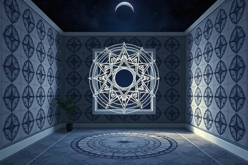 Abstract vector art of a minimalist city apartment with geometric patterns and a crescent moon, symbolizing celestial alignment.