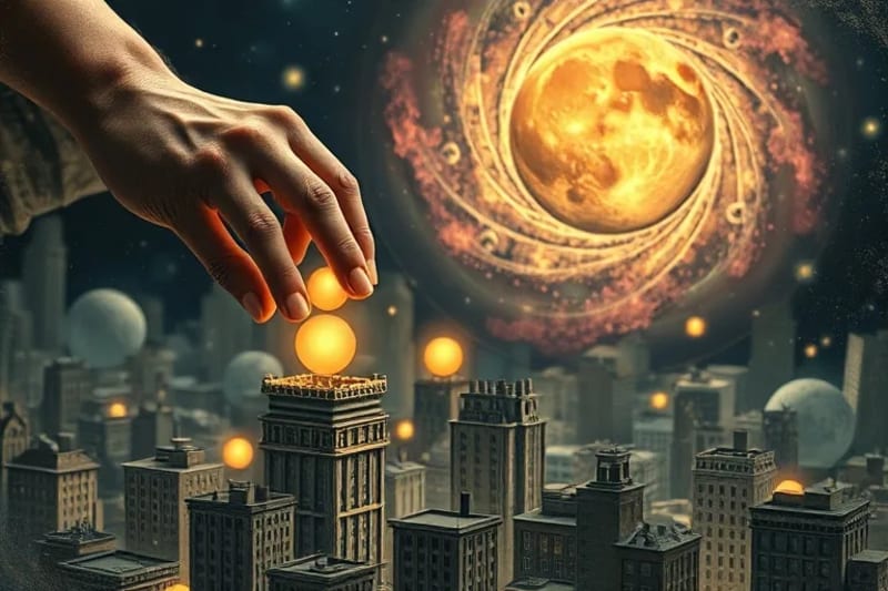 Digital painting of hands placing glowing spheres onto a miniature city model, symbolizing conscious energetic alignment.