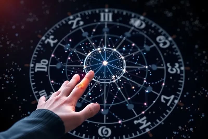 Representación abstracta de una carta astral digital con nodos interconectados y líneas de luz, interactuando con una mano estilizada.