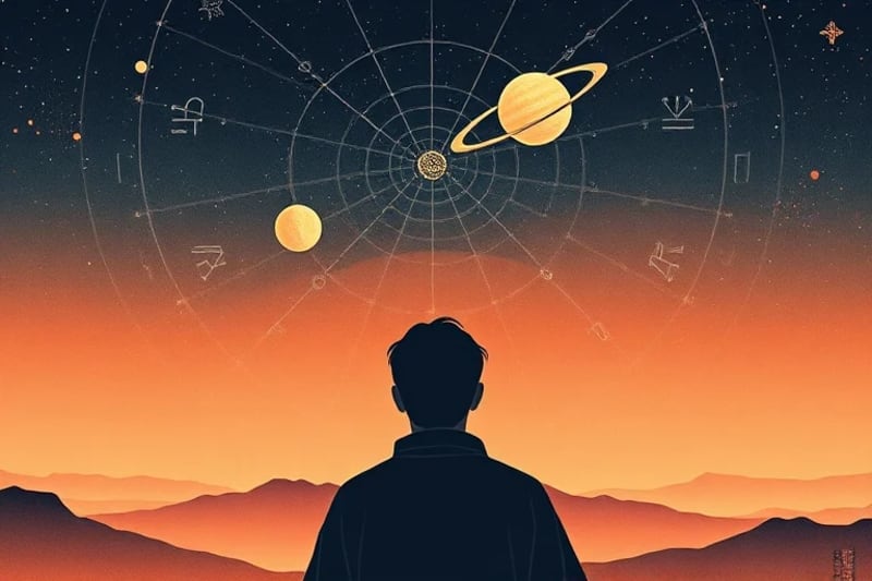 Ilustración vectorial de un avatar en un entorno de realidad virtual observando planetas digitales que representan tránsitos celestes.