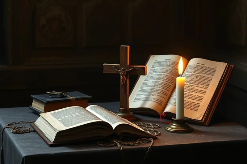 Pintura al óleo de textos antiguos, una cruz de madera y una vela encendida sobre una mesa rústica.