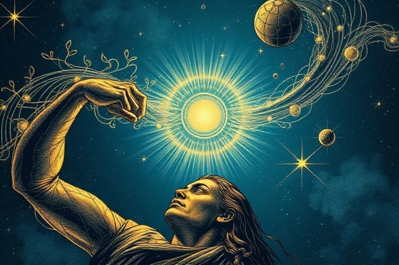 Render 3D abstracto de líneas de tiempo convergentes y flujos de luz que se unen en una esfera luminosa, simbolizando la síntesis de diferentes visiones del futuro.