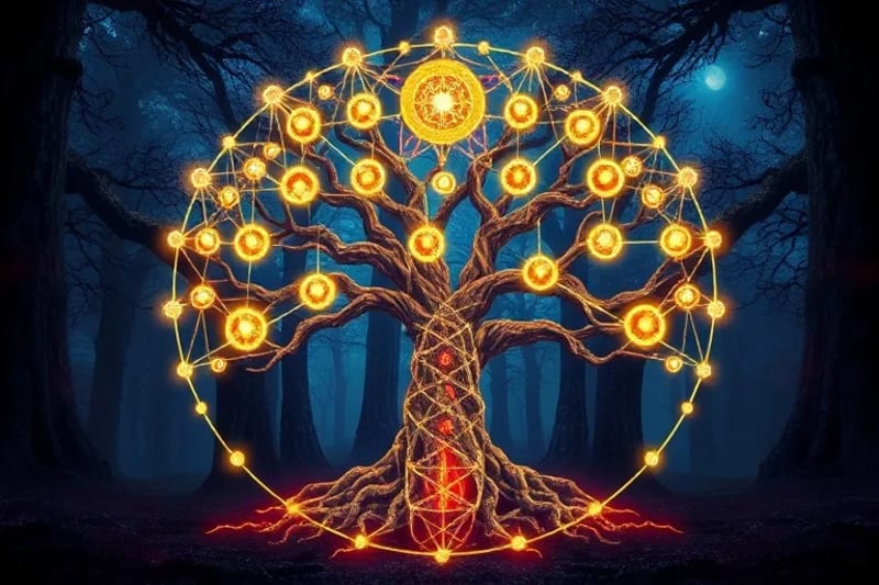 Un árbol de la vida estilizado con raíces y ramas entrelazadas, cada orbe brillante en sus ramas representa un alma, conectadas por hilos luminosos que simbolizan los lazos kármicos y contratos de alma.
