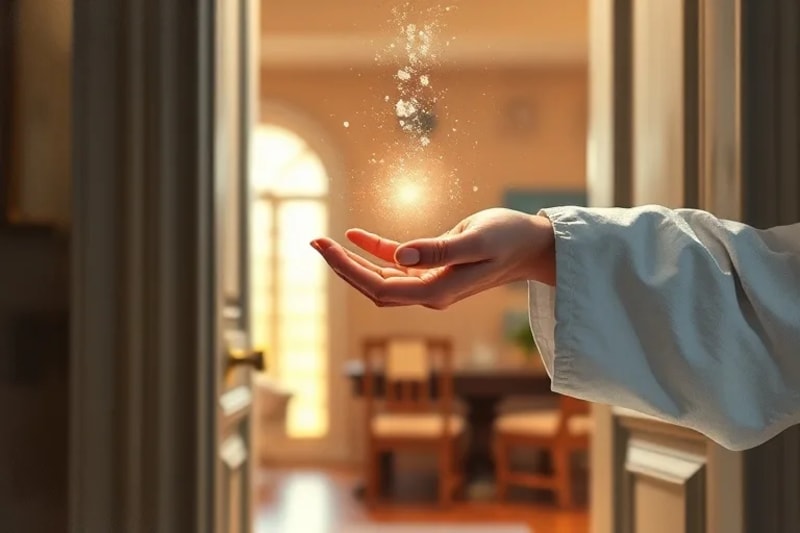 Mano rociando agua bendita en un umbral