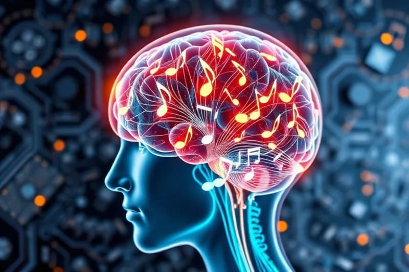 Transparent human head revealing illuminated neural pathways and integrated musical notes, symbolizing music's role in cognitive function