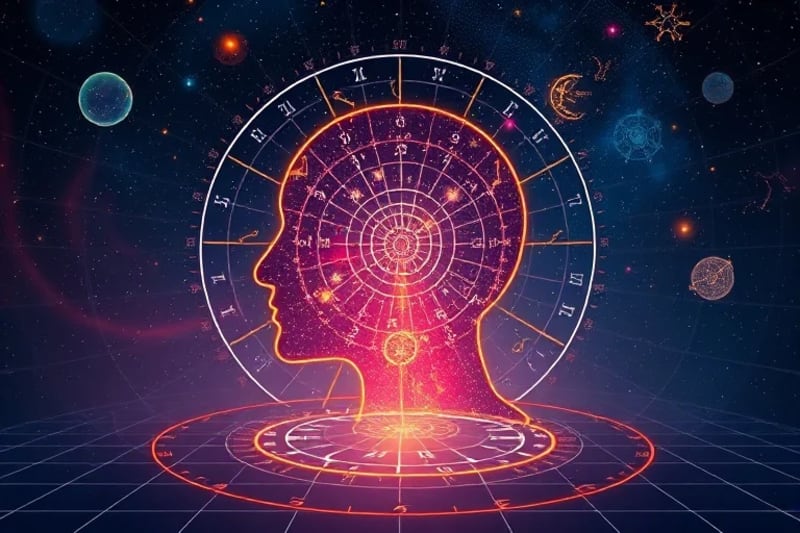 Ilustración vectorial de una cabeza humana estilizada conectada a símbolos astrológicos y datos de biofeedback en un entorno digital.