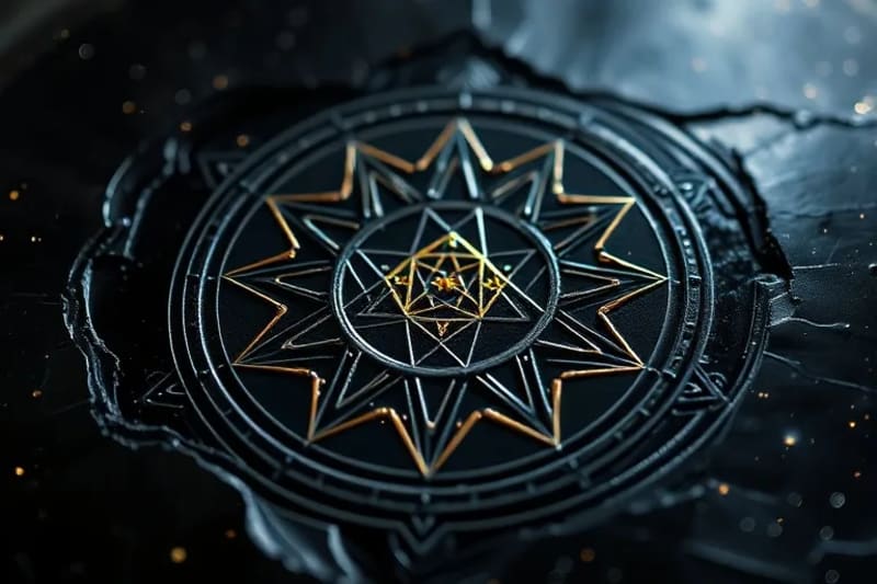 Macro photography of a glowing sound sigil etched onto a reflective surface with geometric dust