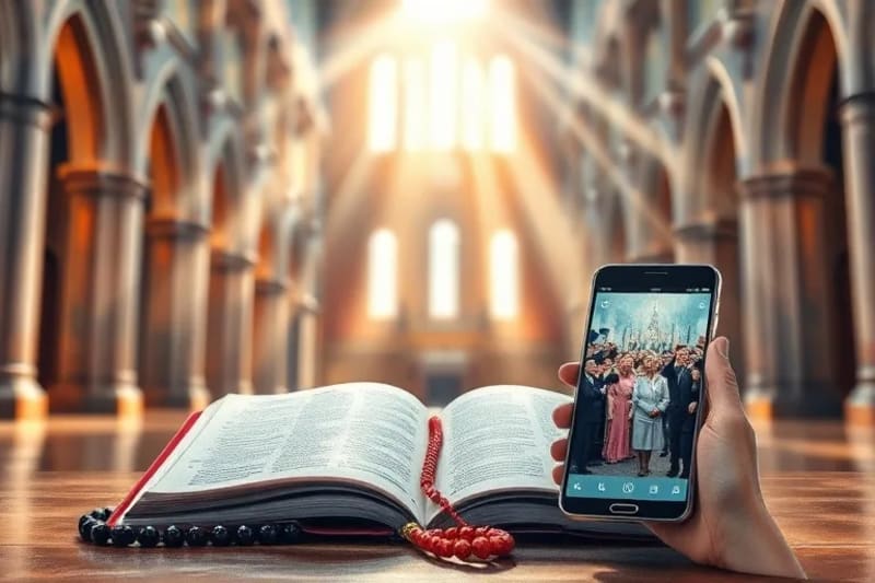 Objetos simbólicos de discernimiento: Biblia, rosario, lupa y smartphone en acuarela
