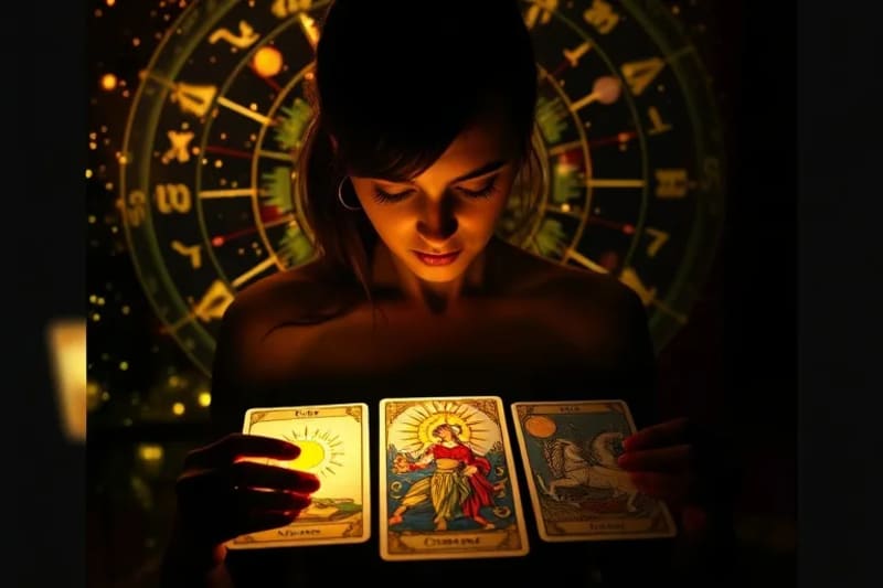 Representación de una mujer meditando frente a cartas de tarot con arquetipos solares, iluminada por luz cálida y sombras introspectivas.