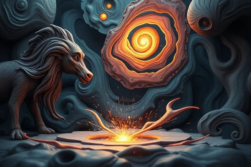 Ilustración abstracta de la sombra interior emergiendo, con colores oscuros y claros entrelazados.