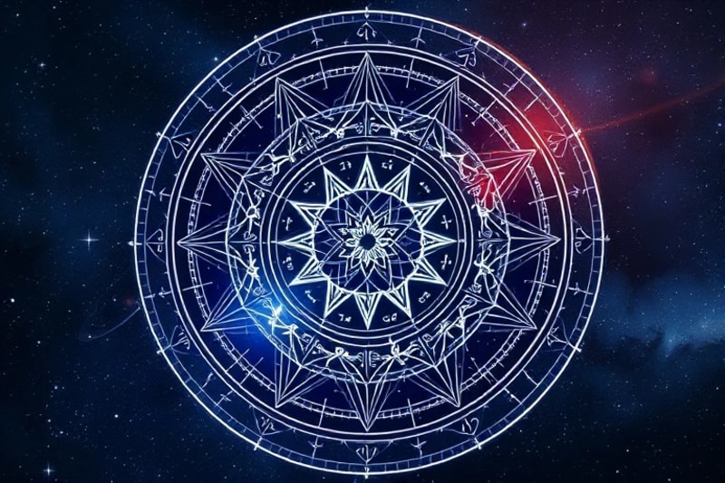 Stylized illustration of two intertwined astrological charts with entangled energy strands