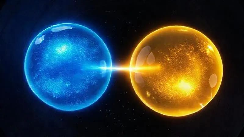Minimalist abstract 3D render of two glowing spheres linked by a shimmering energy beam