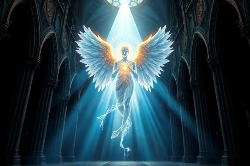 Pintura digital de un arcángel radiante, compuesto de luz y energía, sosteniendo una espada luminosa, con un fondo cósmico abstracto.
