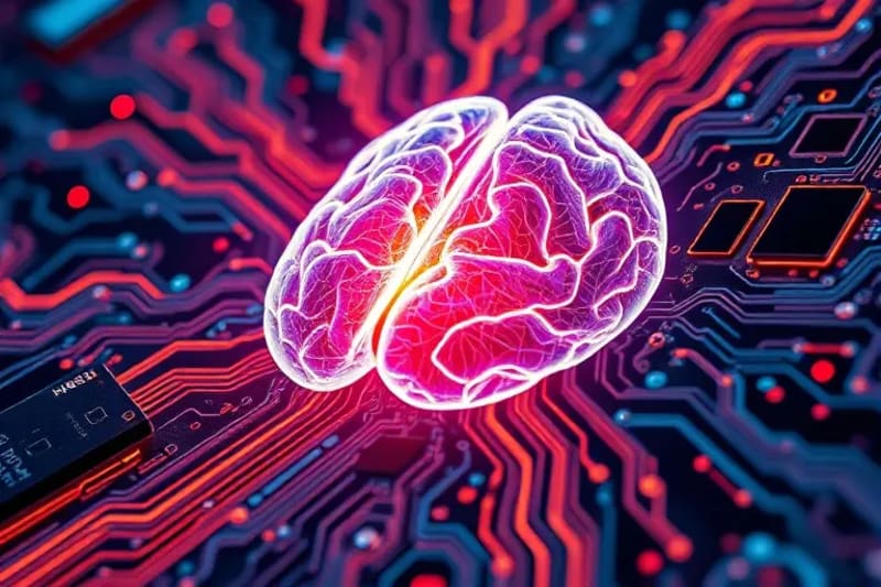Pintura digital de vías neuronales y planos arquitectónicos entrelazados, simbolizando la conexión entre cerebro y diseño.