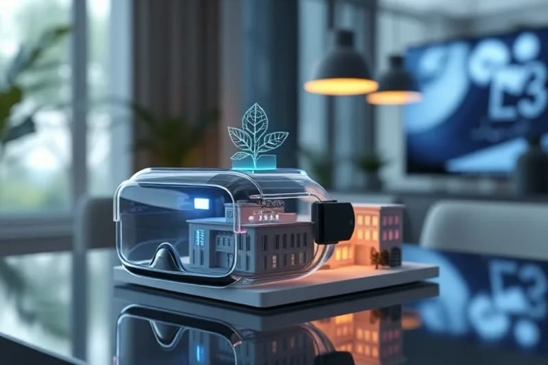 Render 3D de un elegante casco de realidad aumentada sobre una mesa, junto a una maqueta arquitectónica que proyecta hologramas de elementos biófilos.