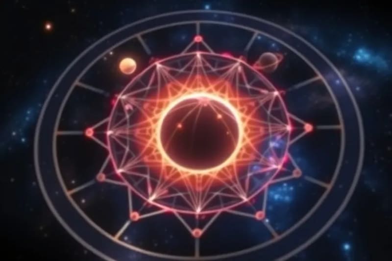 Abstract spheres representing planets with varying brightness and centrality, depicting astrological dignities and debilities.