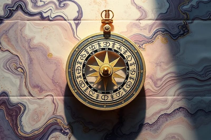 Stylized ancient astrolabe with holographic projections of planetary glyphs and zodiac symbols, representing celestial timing.