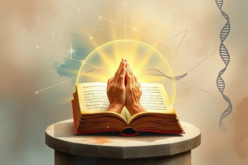 Manos en oración con luz vibrante formando una red energética