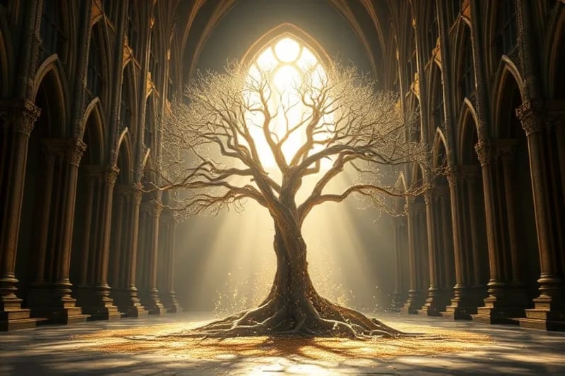Árbol estilizado y brillante con raíces profundas y partículas de luz ascendentes