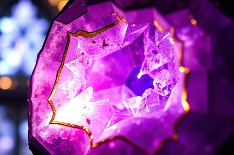 Primer plano de un cristal de amatista radiante con energía