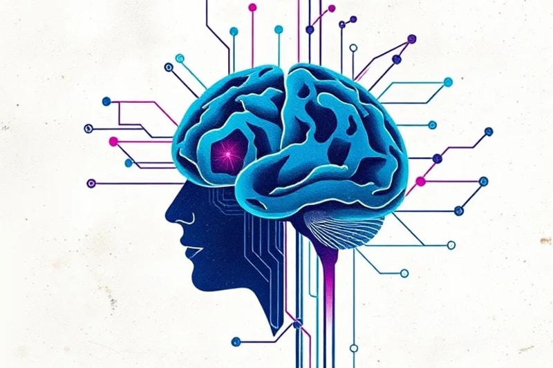 Ilustración vectorial de elementos humanos y mecánicos entrelazados, formando una red cerebral abstracta.