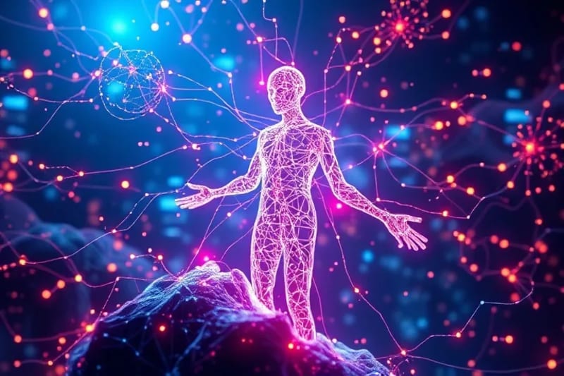 Representación 3D de una red neuronal brillante que se extiende desde una silueta humana translúcida hacia un paisaje digital abstracto.