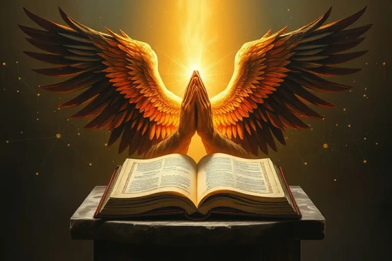 Pintura al óleo de manos en oración, emitiendo luz que disipa sombras digitales, simbolizando la fuerza espiritual en la era tecnológica.