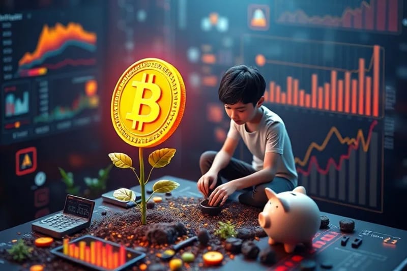 Infografía estilizada de una persona joven plantando una moneda de criptomoneda en un jardín digital, rodeada de herramientas financieras.