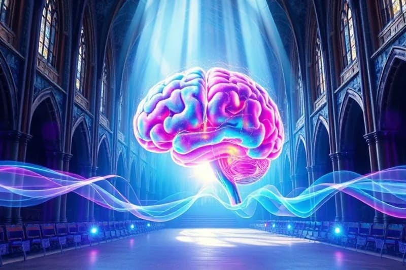 Pintura acuarela de ondas sonoras interactuando con un cerebro humano estilizado, mostrando vías neuronales activas y calmadas.