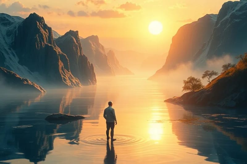 Pintura al óleo de un paisaje futurista y sereno, con elementos digitales sutiles como una pantalla flotante mostrando un portafolio de criptomonedas.
